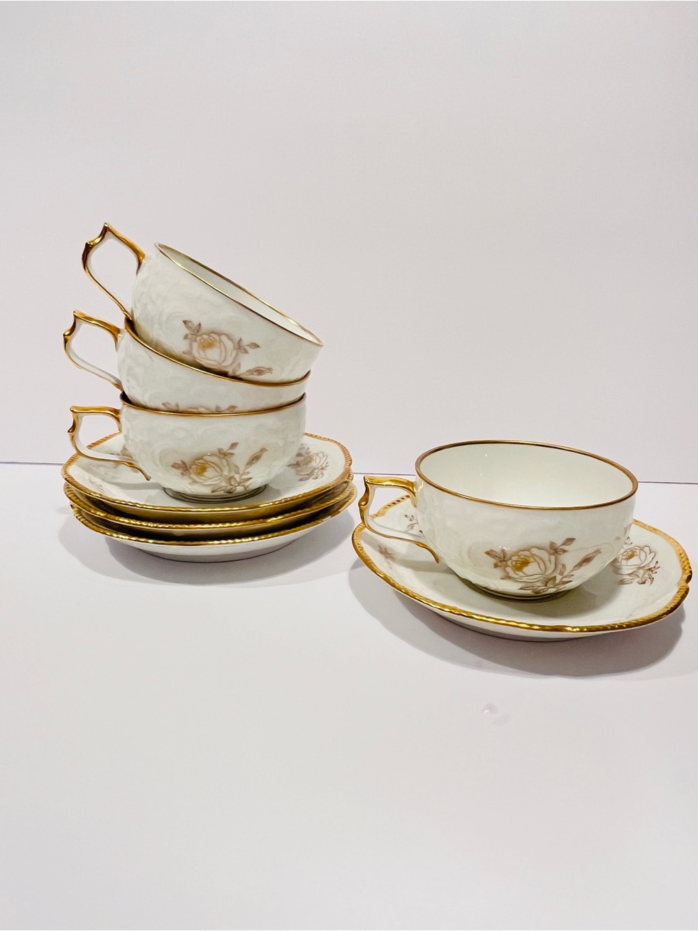 Vintage Rosenthal Sanssouci Gold Rose Porcelain Cups & Saucers Set for 4